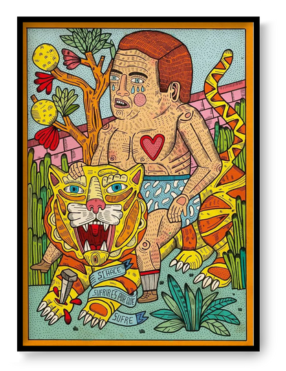 Colorful surreal illustration of a man riding a tiger with symbolic heart and emotional expression, bold folk-style contemporary art print by Asis Percales A3 size.