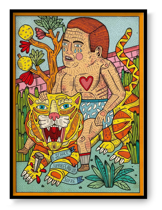 Colorful surreal illustration of a man riding a tiger with symbolic heart and emotional expression, bold folk-style contemporary art print by Asis Percales A3 size.