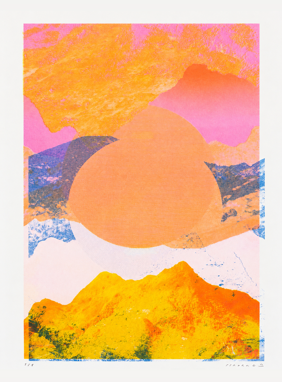 Fragments 4.0 by PTRVRKD, vertical risograph mountain landscape in vivid orange, pink, yellow and blue with layered collage textures, bold contemporary wall art for modern interiors.