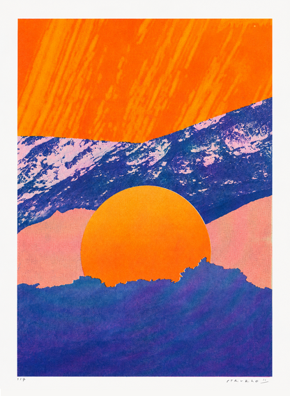 Fragments 5.0 by PTRVRKD, vertical A3 risograph print of a graphic mountain landscape with a large orange sun, deep blue peaks and soft pink tones, ideal as colourful contemporary wall art.