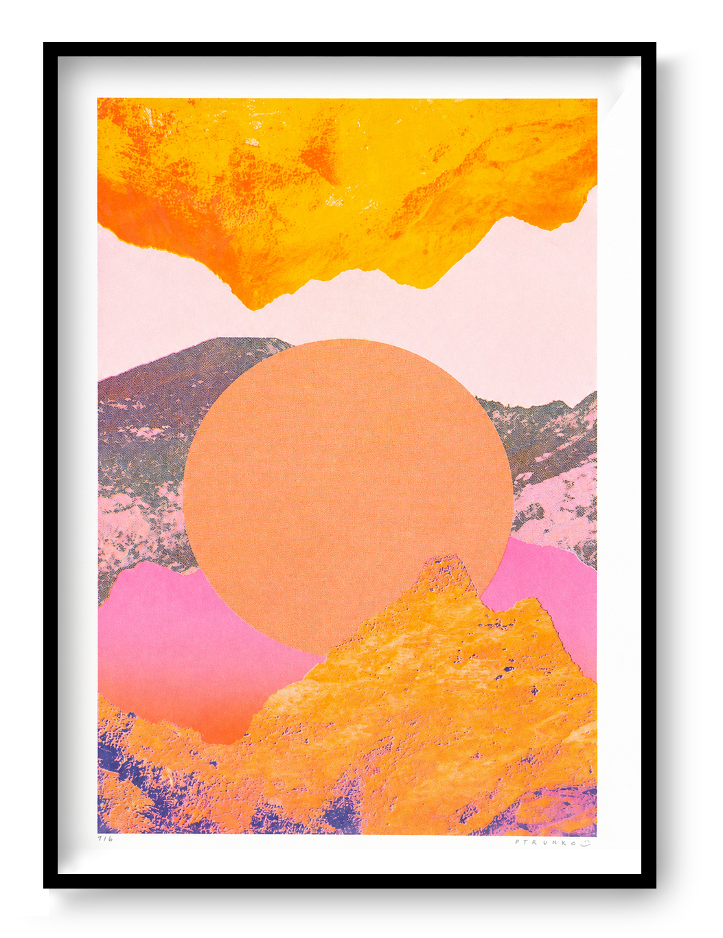 Vibrant A3 risograph art print by PTRVRKD featuring abstract mountain fragments in orange, pink, and yellow tones with a large sun-like circle; eco-friendly limited edition print made in The Netherlands, perfect for modern interiors.