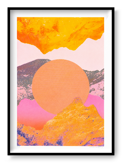 Vibrant A3 risograph art print by PTRVRKD featuring abstract mountain fragments in orange, pink, and yellow tones with a large sun-like circle; eco-friendly limited edition print made in The Netherlands, perfect for modern interiors.