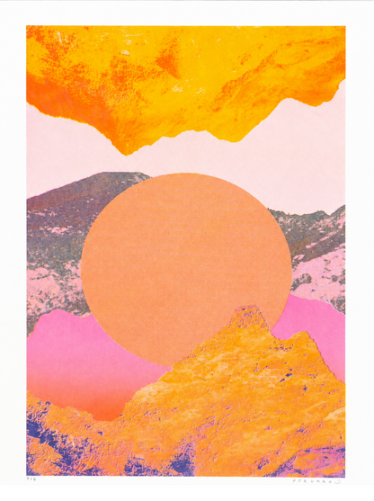 Vibrant A3 risograph art print by PTRVRKD featuring abstract mountain fragments in orange, pink, and yellow tones with a large sun-like circle; eco-friendly limited edition print made in The Netherlands, perfect for modern interiors.