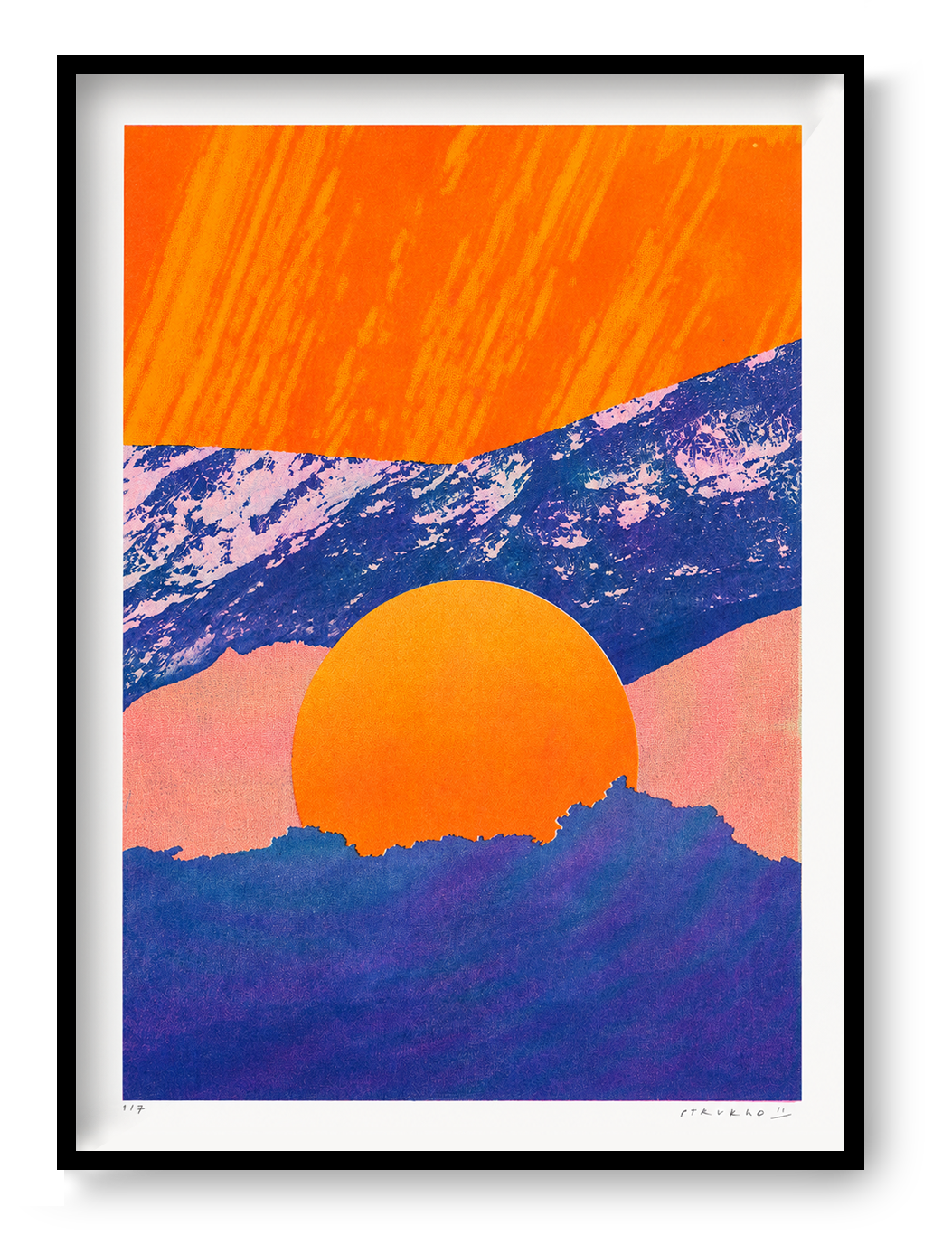 Fragments 5.0 by PTRVRKD, vertical A3 risograph print of a graphic mountain landscape with a large orange sun, deep blue peaks and soft pink tones, ideal as colourful contemporary wall art.