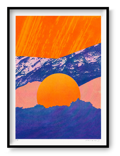 Fragments 5.0 by PTRVRKD, vertical A3 risograph print of a graphic mountain landscape with a large orange sun, deep blue peaks and soft pink tones, ideal as colourful contemporary wall art.