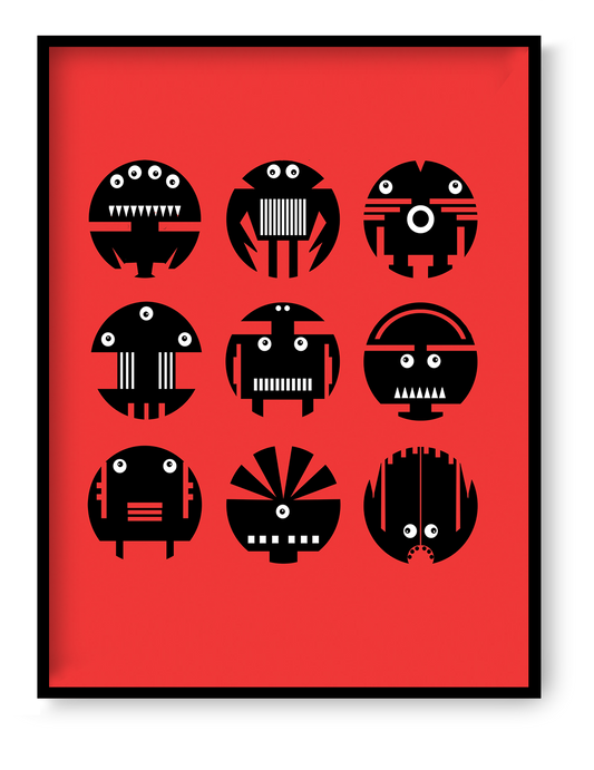 Graphic robot characters illustration in bold black shapes on red background, modern geometric robot wall art print for kids room or creative studio decor