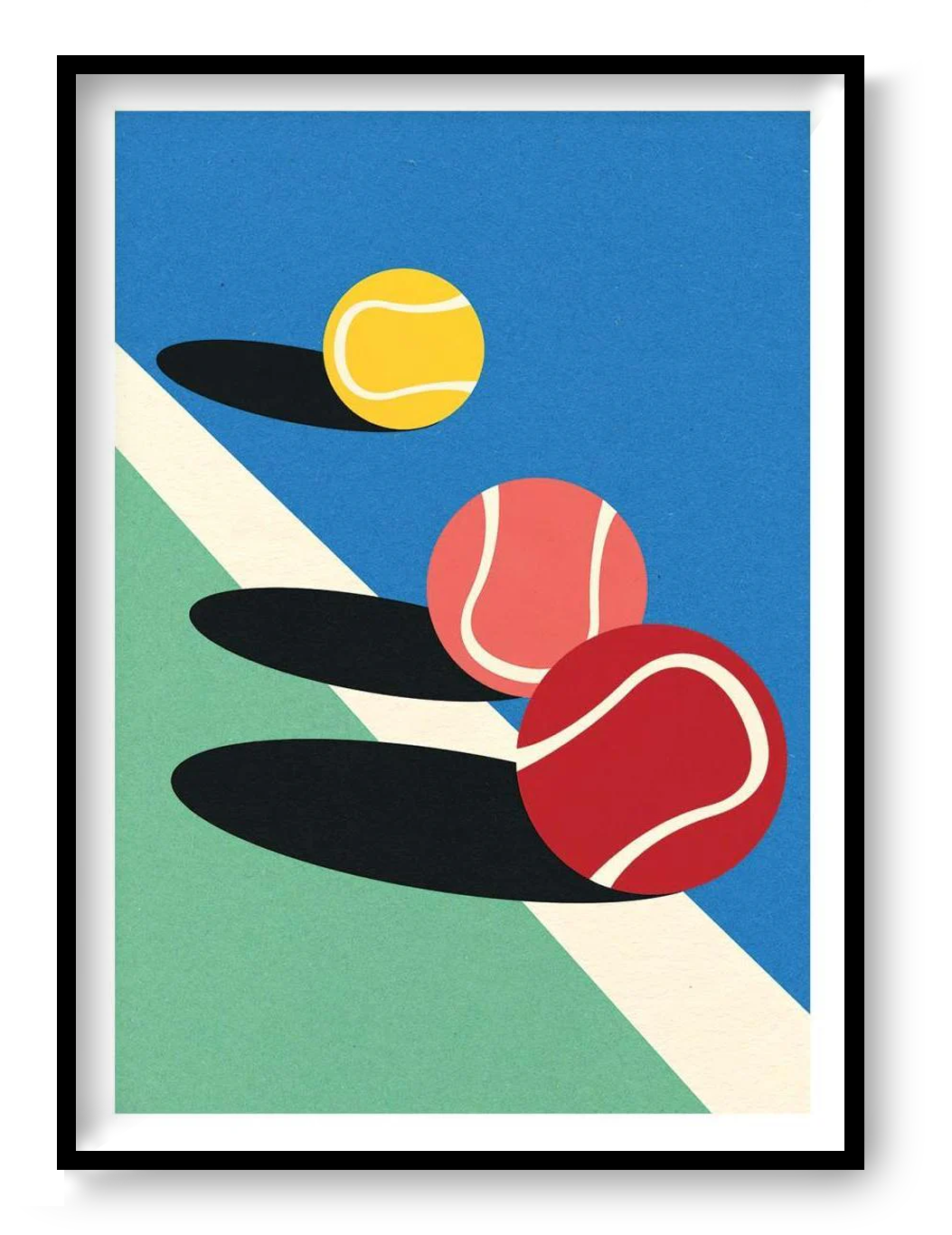 Minimalist art print 3 Tennis Balls by Rosi Feist — a vibrant digital illustration featuring three tennis balls in red, yellow, and pink with bold shadows on a blue and green court. Perfect contemporary wall art for sport lovers and modern design enthusiasts, 50 x 70 cm high-quality digital print.