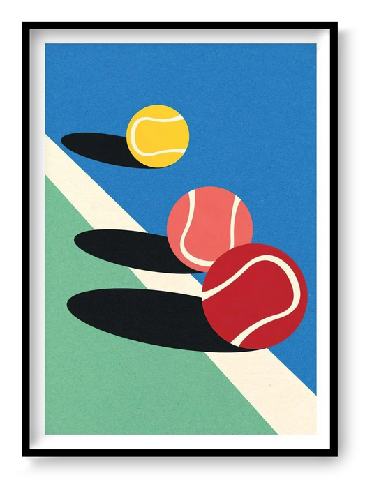 Minimalist art print 3 Tennis Balls by Rosi Feist — a vibrant digital illustration featuring three tennis balls in red, yellow, and pink with bold shadows on a blue and green court. Perfect contemporary wall art for sport lovers and modern design enthusiasts, 50 x 70 cm high-quality digital print.