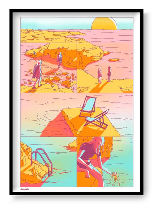 AOÛT 99 by Camille Berniard – limited edition 4-color risograph art print in warm pink, orange, and turquoise tones, depicting sunlit coastal scenes with figures and a deckchair. A nostalgic summer artwork on Munken Print White paper, signed and numbered by the French artist
