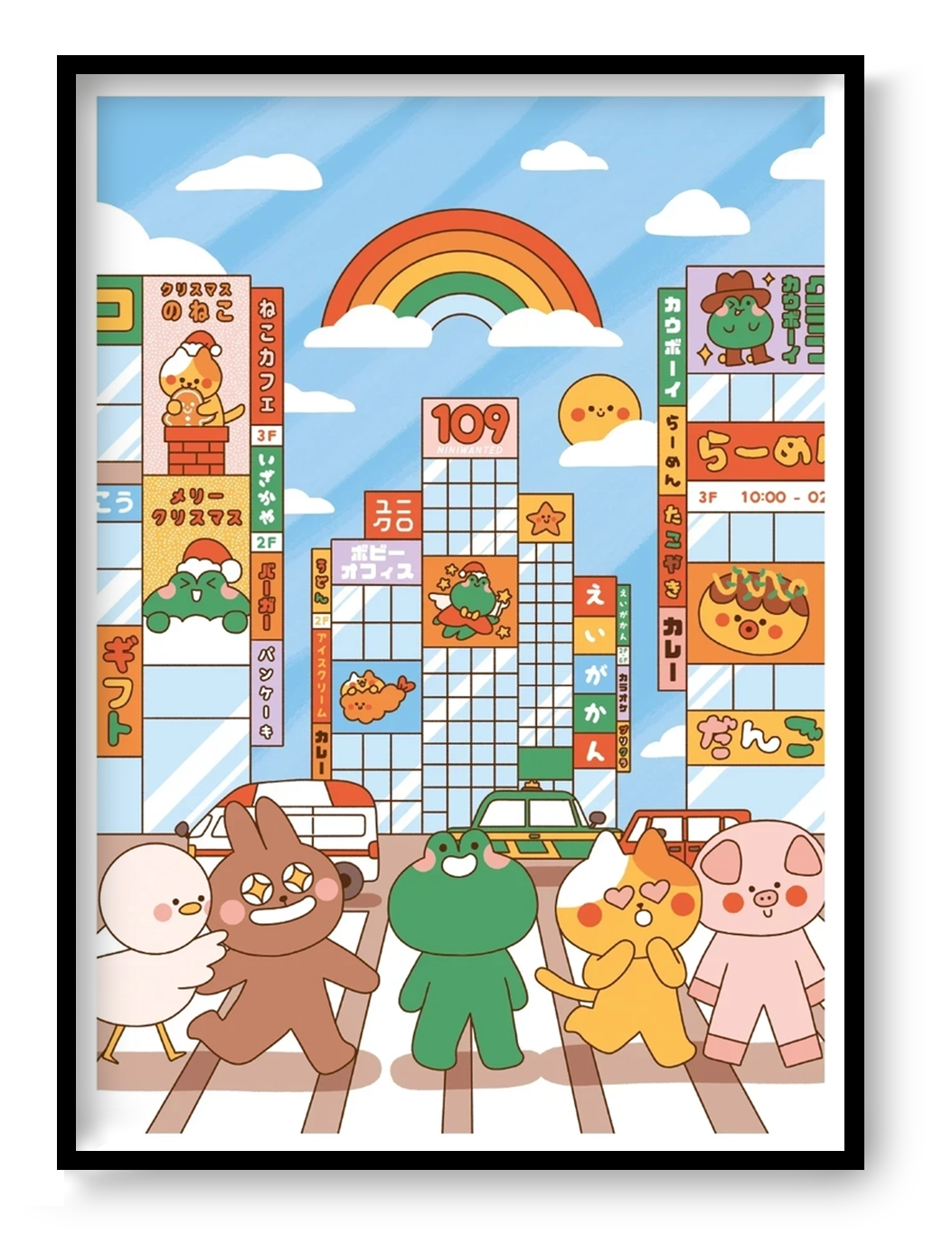 Colorful Shibuya Crossing illustration by Niniwanted featuring cute animal characters, Japanese shop signs, a rainbow and Tokyo streets. A playful, pastel-toned vertical digital art print for cheerful wall decor.