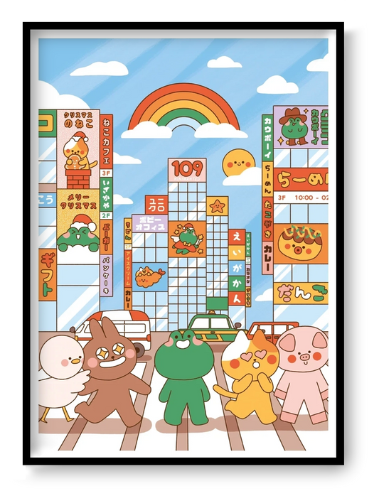 Colorful Shibuya Crossing illustration by Niniwanted featuring cute animal characters, Japanese shop signs, a rainbow and Tokyo streets. A playful, pastel-toned vertical digital art print for cheerful wall decor.