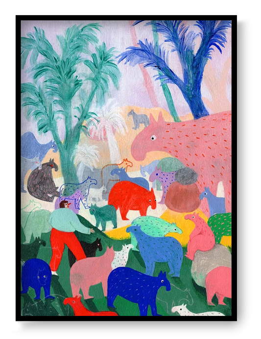 Colorful vertical digital art print by Louise de Meester featuring a playful gathering of imaginary animals among palm trees in pink, green, blue and red tones, ideal for cheerful wall art and home decor.