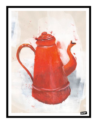 Red coffee pot illustration art print by Gert Paenen on textured neutral background, expressive contemporary kitchen wall art with bold warm colors and painterly details.
