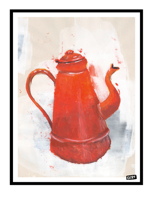 Red coffee pot illustration art print by Gert Paenen on textured neutral background, expressive contemporary kitchen wall art with bold warm colors and painterly details.