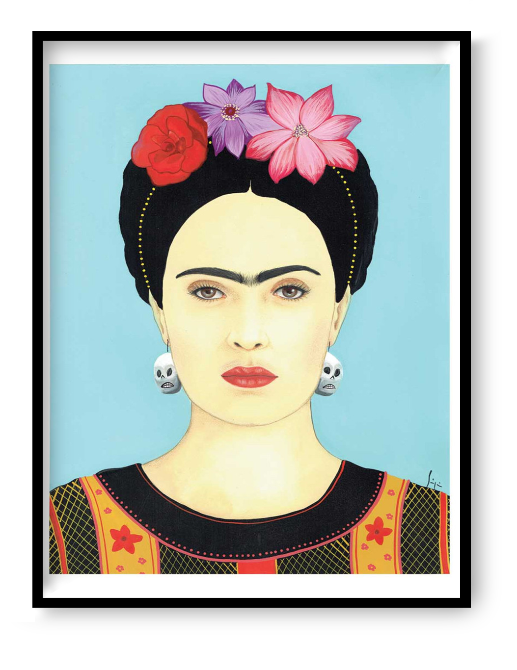 Colourful portrait art print of Frida Kahlo by Soizic Bihel featuring flowers in her hair, skull earrings, and a light blue background, contemporary pop culture wall art print for modern interiors.