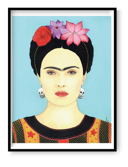 Colourful portrait art print of Frida Kahlo by Soizic Bihel featuring flowers in her hair, skull earrings, and a light blue background, contemporary pop culture wall art print for modern interiors.