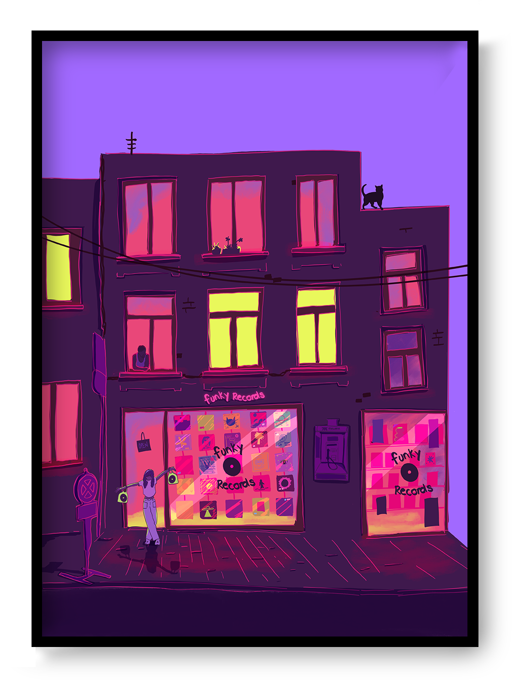 Colourful vertical giclée print of a neon-lit record shop at night, illustrated in purple, pink and yellow tones as bold contemporary wall art for modern interiors.