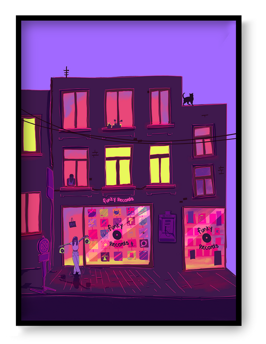 Colourful vertical giclée print of a neon-lit record shop at night, illustrated in purple, pink and yellow tones as bold contemporary wall art for modern interiors.