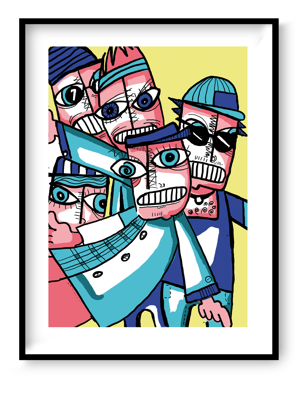 Gang art print by Studio Frits featuring expressive illustrated faces with bold lines and vibrant colors, contemporary graphic wall art printed on premium paper.