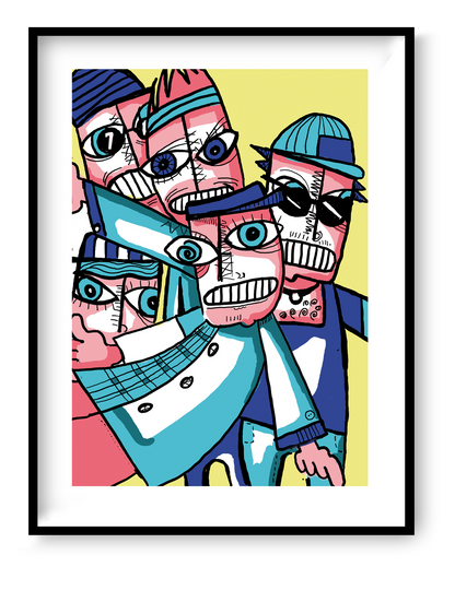 Gang art print by Studio Frits featuring expressive illustrated faces with bold lines and vibrant colors, contemporary graphic wall art printed on premium paper.