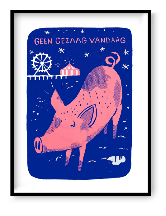 Pink pig walking at night near a small fairground in a whimsical blue landscape, humorous 2-colour screen print by Dennis Dellaert, playful limited edition wall art for modern home decor