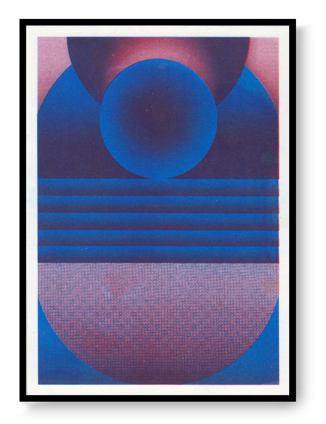 Abstract geometric risograph art print in blue and purple by PTRVRKD, featuring layered circular shapes and textured soy-based ink on Biotop paper, modern wall art