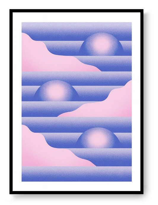 Geometric Pink Blue 2 risograph art print by PTRVRKD with pastel gradients and abstract horizon shapes, handprinted on Biotop paper, minimalist contemporary wall art.