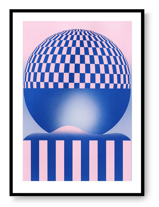 Geometric Pink Blue 3 risograph art print by PTRVRKD featuring abstract geometric shapes in pink and blue, handprinted on Biotop paper, modern minimalist wall art.