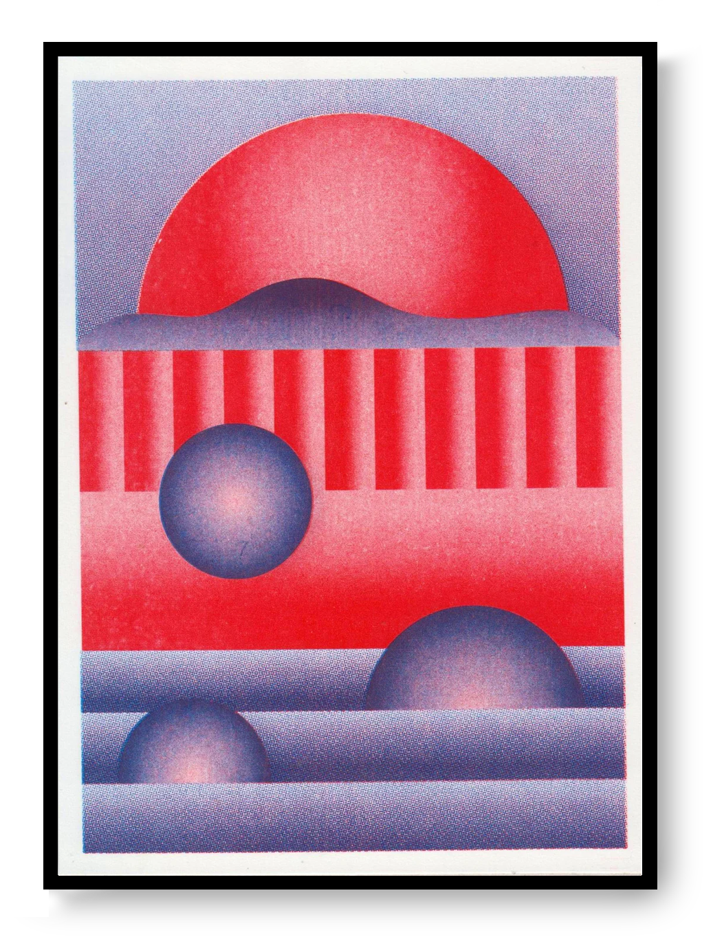 Abstract geometric risograph art print in red and purple tones by PTRVRKD, featuring layered shapes and bold color blocks, modern small-format wall art on Biotop paper.