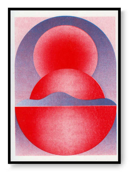 Geometric red purple risograph print by PTRVRKD, abstract minimalist wall art, small format risograph poster, Galerie Frits