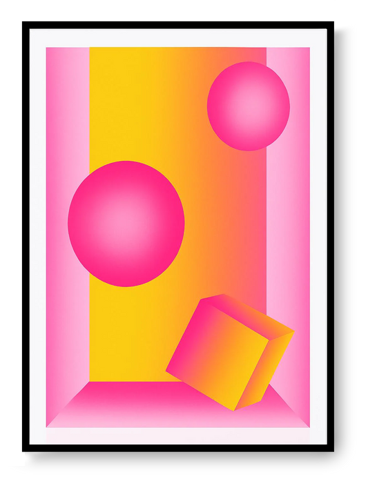 Yellow pink geometric risograph print by PTRVRKD, abstract minimalist wall art, small format risograph poster, Galerie Frits