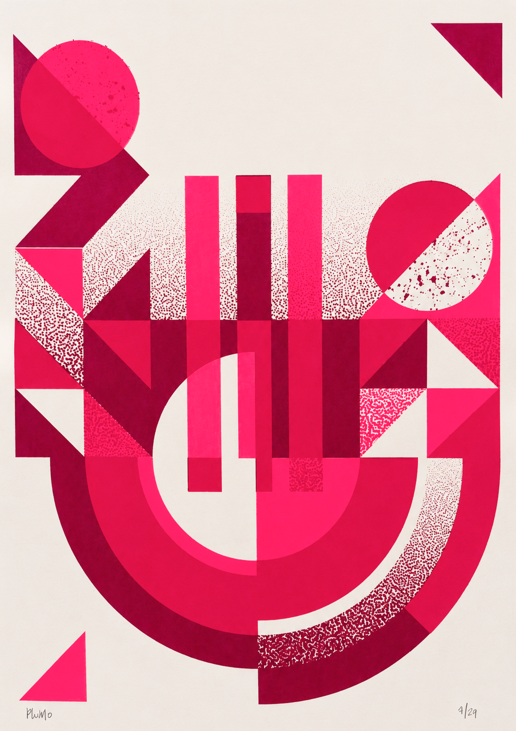 Geometric abstract handmade screenprint in bright pink and burgundy tones by PLUMO featuring circles, arches, triangles, and vertical shapes in a modern Bauhaus-inspired composition on white background.