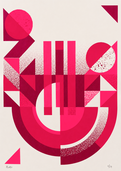 Geometric abstract handmade screenprint in bright pink and burgundy tones by PLUMO featuring circles, arches, triangles, and vertical shapes in a modern Bauhaus-inspired composition on white background.