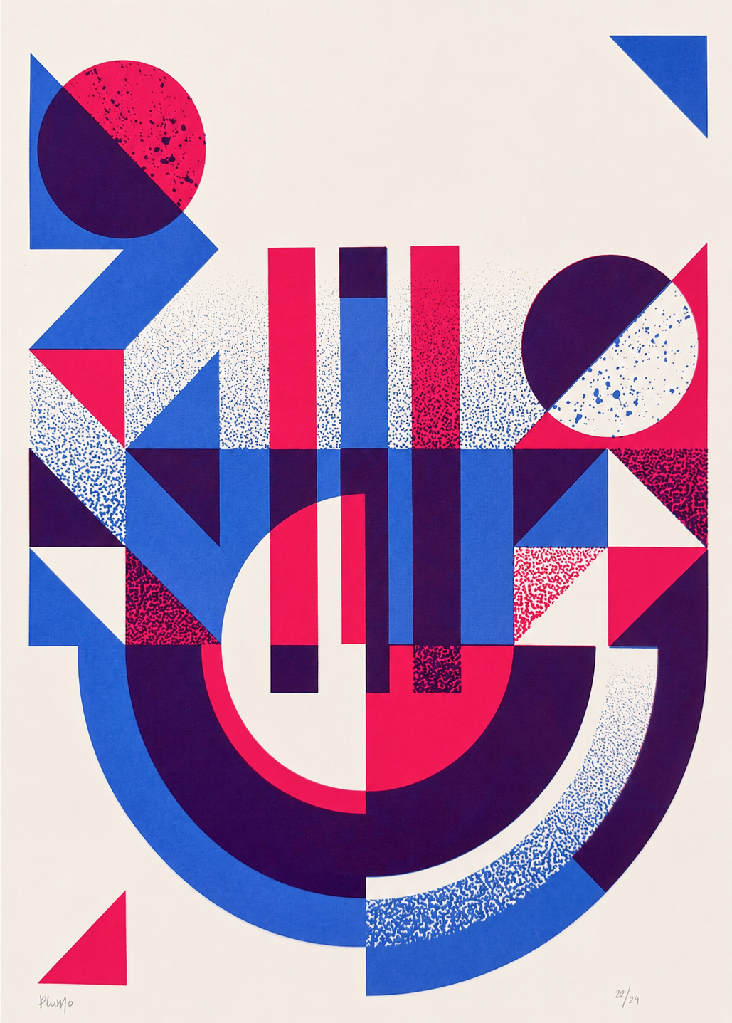 Geometric abstract handmade screenprint by PLUMO featuring bold blue, pink, and purple shapes with circles, triangles, and textured graphic elements on a clean white background, modern contemporary wall art in A3 size.