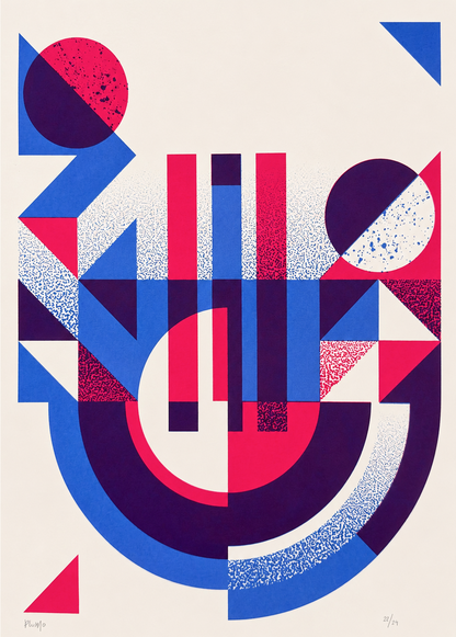 Geometric abstract handmade screenprint by PLUMO featuring bold blue, pink, and purple shapes with circles, triangles, and textured graphic elements on a clean white background, modern contemporary wall art in A3 size.