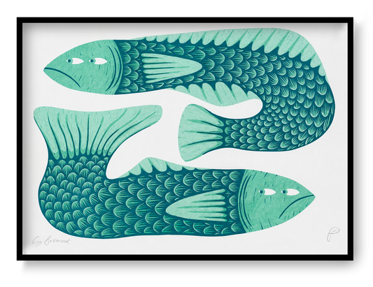 Gill Behaviour by Strangford, horizontal risograph print featuring two stylised teal and dark blue fish with patterned scales, playful expressions and bold graphic shapes for colourful wall decor.