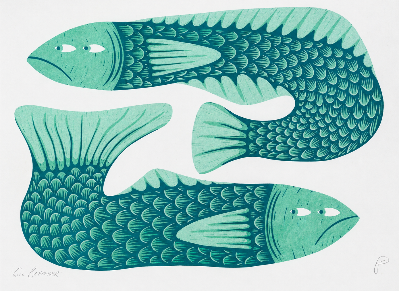 Gill Behaviour by Strangford, horizontal risograph print featuring two stylised teal and dark blue fish with patterned scales, playful expressions and bold graphic shapes for colourful wall decor.