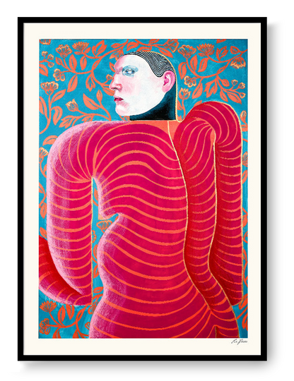Goddess Of Flirting by Carla Petelski, contemporary figurative digital art print featuring a surreal pink striped female figure against a blue floral background, modern colourful wall art, 50 x 70 cm
