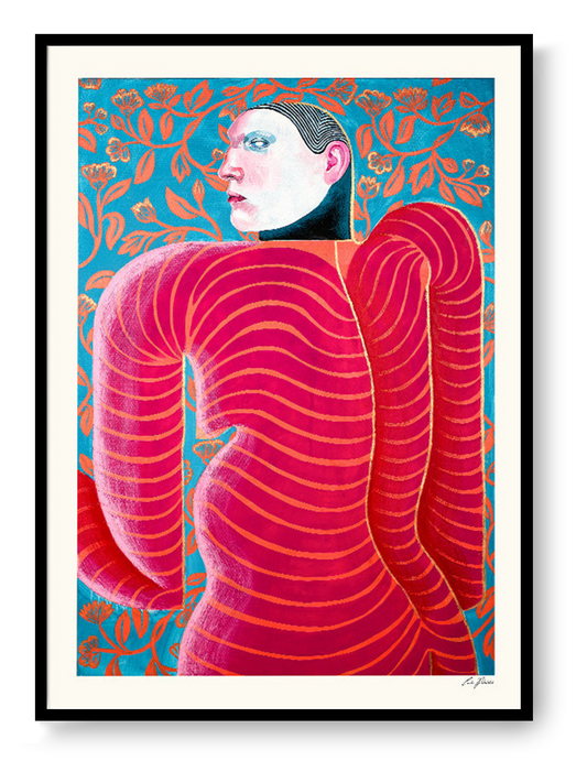 Goddess Of Flirting by Carla Petelski, contemporary figurative digital art print featuring a surreal pink striped female figure against a blue floral background, modern colourful wall art, 50 x 70 cm