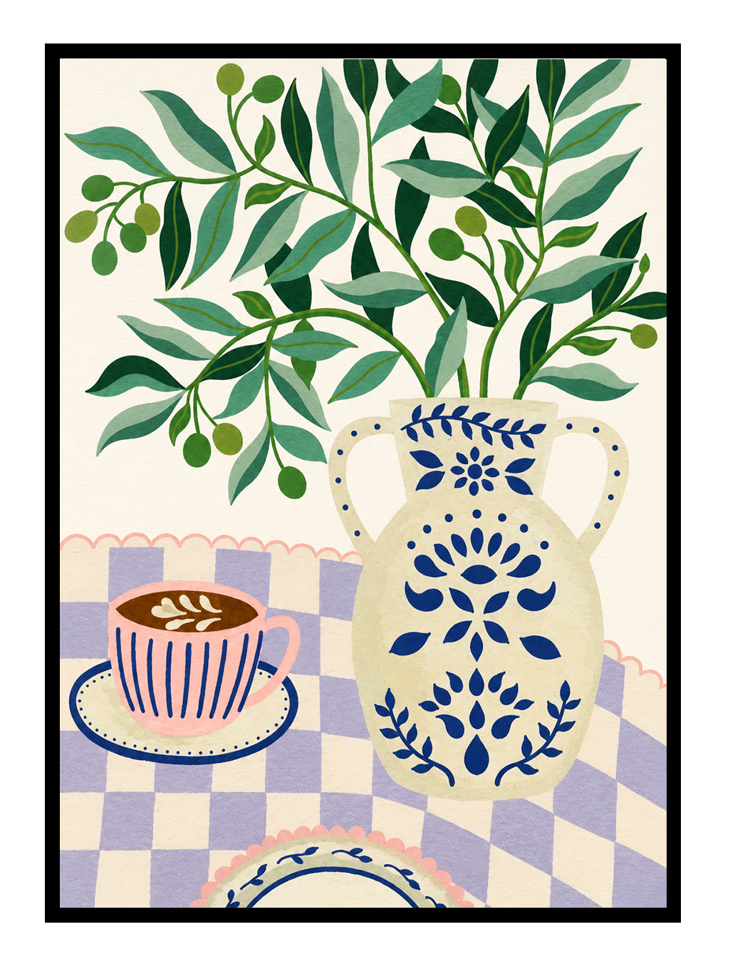 Greek Patio by Leens, colorful Mediterranean-inspired digital art print featuring olive branches in a decorative blue ceramic vase beside a pink coffee cup on a lilac checkered tablecloth, botanical wall art for cozy kitchens and modern interiors.