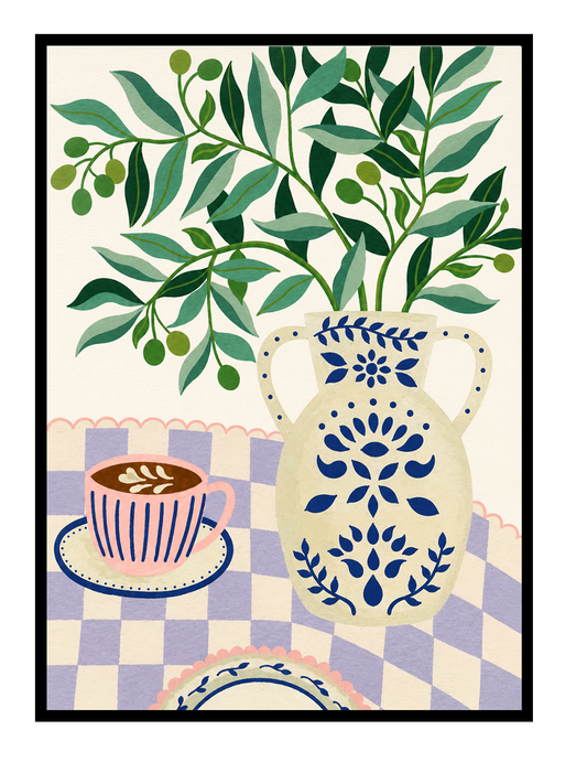 Greek Patio by Leens, colorful Mediterranean-inspired digital art print featuring olive branches in a decorative blue ceramic vase beside a pink coffee cup on a lilac checkered tablecloth, botanical wall art for cozy kitchens and modern interiors.