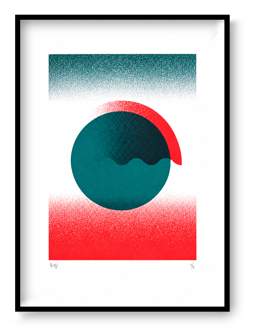 Green Gradient by PLUMO, vertical A3 hand-pulled screenprint featuring layered circular forms, deep teal green, bright red gradients and textured geometric shapes for modern wall decor.