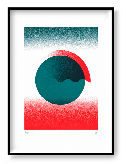 Green Gradient by PLUMO, vertical A3 hand-pulled screenprint featuring layered circular forms, deep teal green, bright red gradients and textured geometric shapes for modern wall decor.