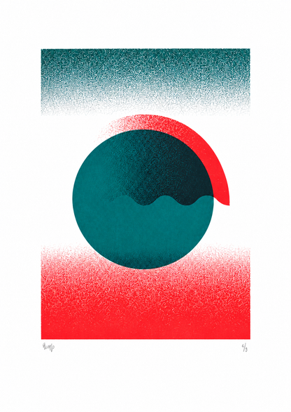 Green Gradient by PLUMO, vertical A3 hand-pulled screenprint featuring layered circular forms, deep teal green, bright red gradients and textured geometric shapes for modern wall decor.