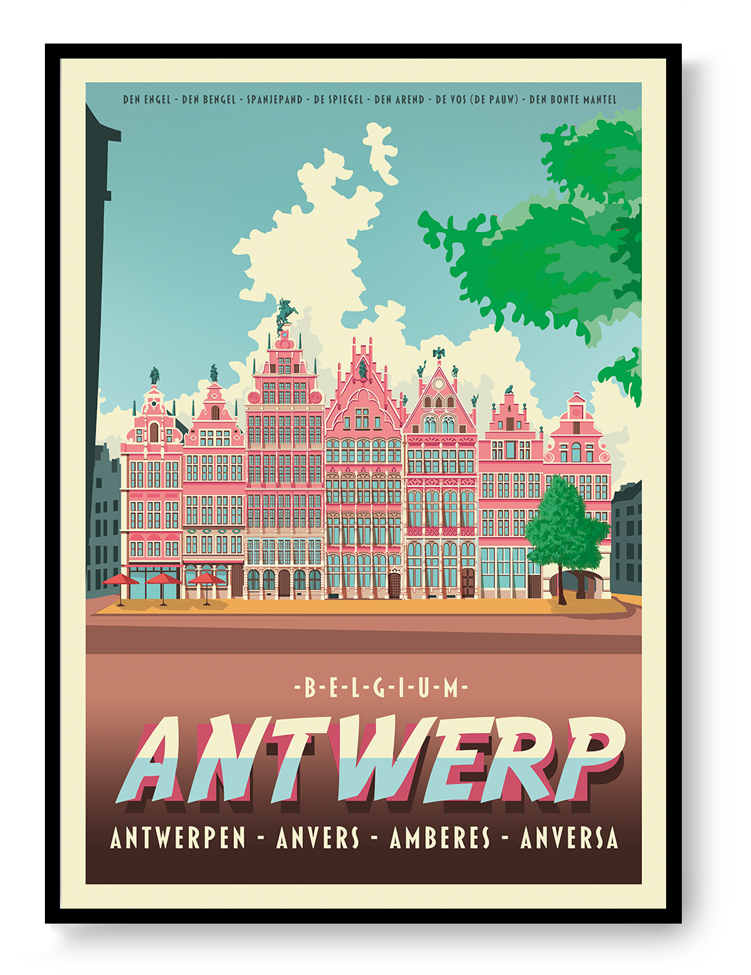 Large architectural digital art print of Antwerp Grote Markt, featuring Renaissance guildhalls, historic façades, and bold graphic colors by Belgian illustrator Gert Paenen.