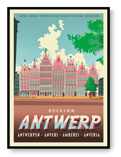 Large architectural digital art print of Antwerp Grote Markt, featuring Renaissance guildhalls, historic façades, and bold graphic colors by Belgian illustrator Gert Paenen.