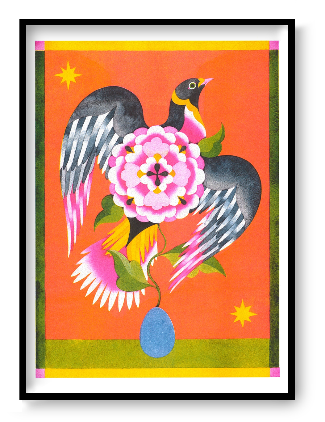 Colorful vertical risograph print by Lou Benesch featuring a black bird with outstretched wings around a large pink flower, with orange, yellow, green and blue tones, ideal as playful wall art.