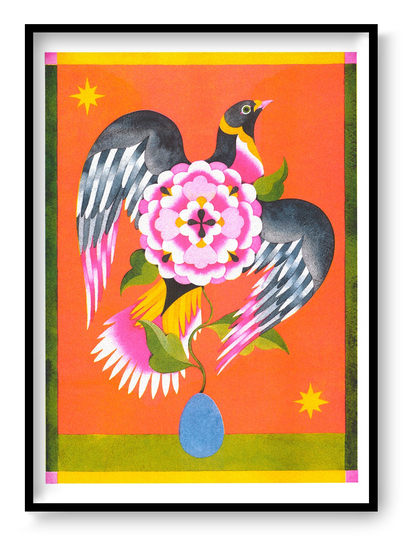 Colorful vertical risograph print by Lou Benesch featuring a black bird with outstretched wings around a large pink flower, with orange, yellow, green and blue tones, ideal as playful wall art.