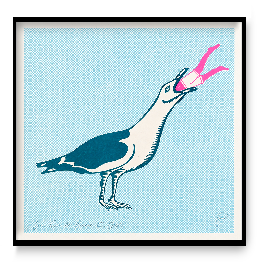 Square risograph print by Strangford showing an oversized teal and cream seagull swallowing a tiny pink swimmer against a pale blue dotted background, playful contemporary wall art for eclectic interiors.