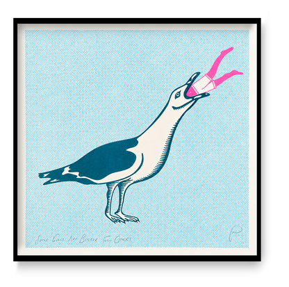 Square risograph print by Strangford showing an oversized teal and cream seagull swallowing a tiny pink swimmer against a pale blue dotted background, playful contemporary wall art for eclectic interiors.